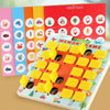 A wooden memory game board featuring letter, number, and shape cards with Christmas themed icons.