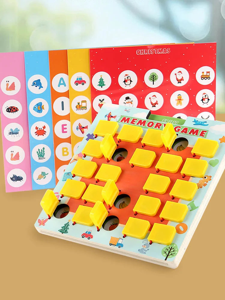 A wooden memory game board featuring letter, number, and shape cards with Christmas themed icons.