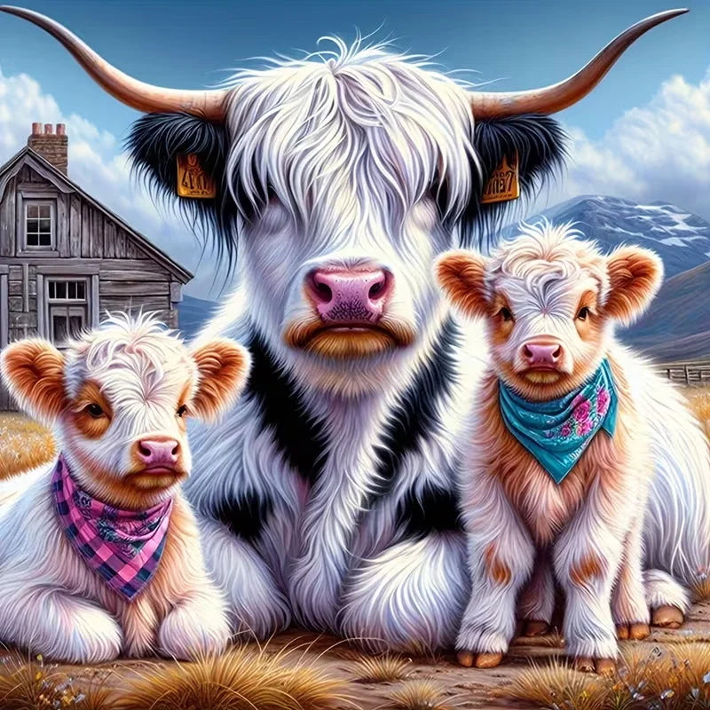 A portrait of a fluffy white cow with large horns and a small calf sitting in a field.