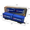 A model vintage steam train set in blue and black, packaged in a box with accessories.
