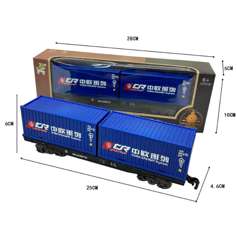 A model vintage steam train set in blue and black, packaged in a box with accessories.