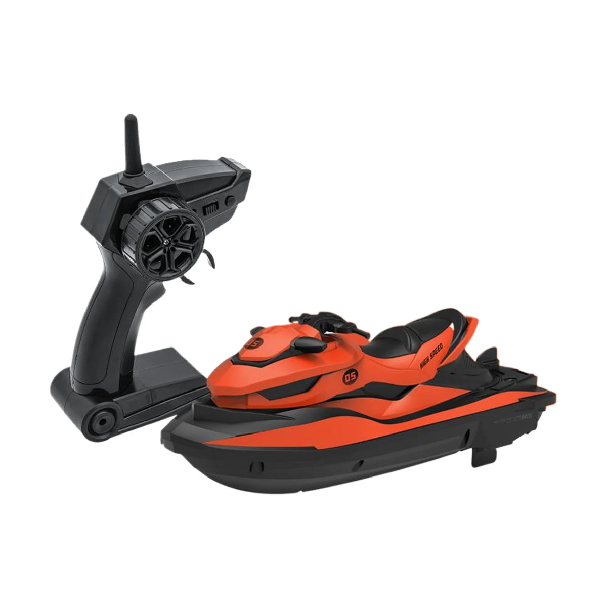 Orangig-schwarzes Hochgeschwindigkeits-RC-Jetski-Boot mit Fernsteuerung und Propeller sichtbar.