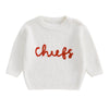 White knit sweater for baby or kids with red letter embroidery
