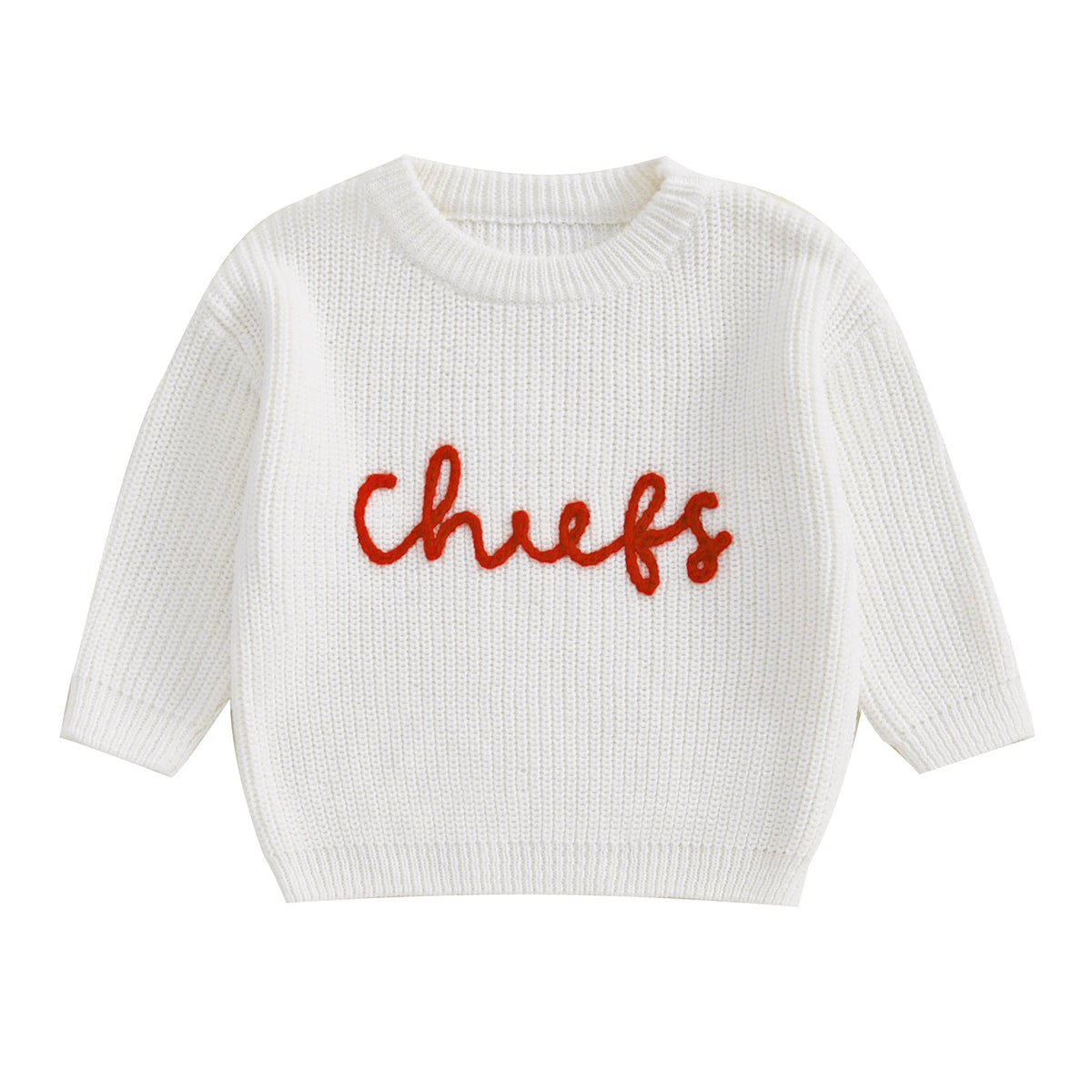 White knit sweater for baby or kids with red letter embroidery