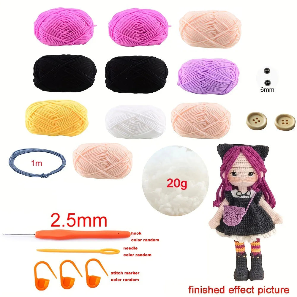 A complete crochet kit for making a doll featuring various colored yarn, tools, and finished effect pictures.
