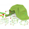 A green fabric tent or playhouse structure made of interconnected building blocks.