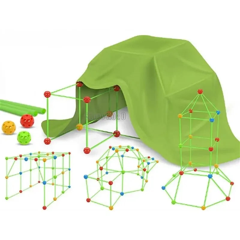 A green fabric tent or playhouse structure made of interconnected building blocks.