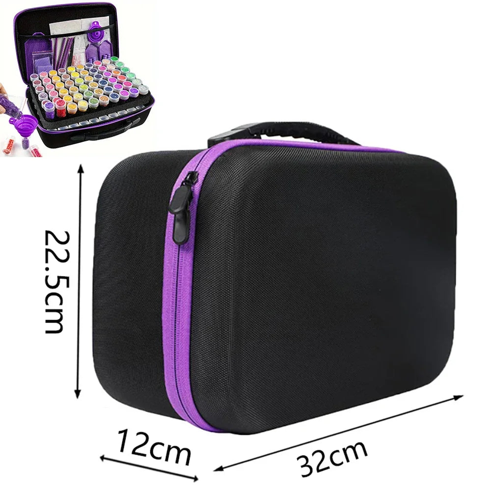 Black diamond painting storage bag with purple trim and a colorful accessory organizer inside