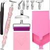 A complete diamond painting tool kit featuring precision pens, various tools, and a pink plastic applicator.