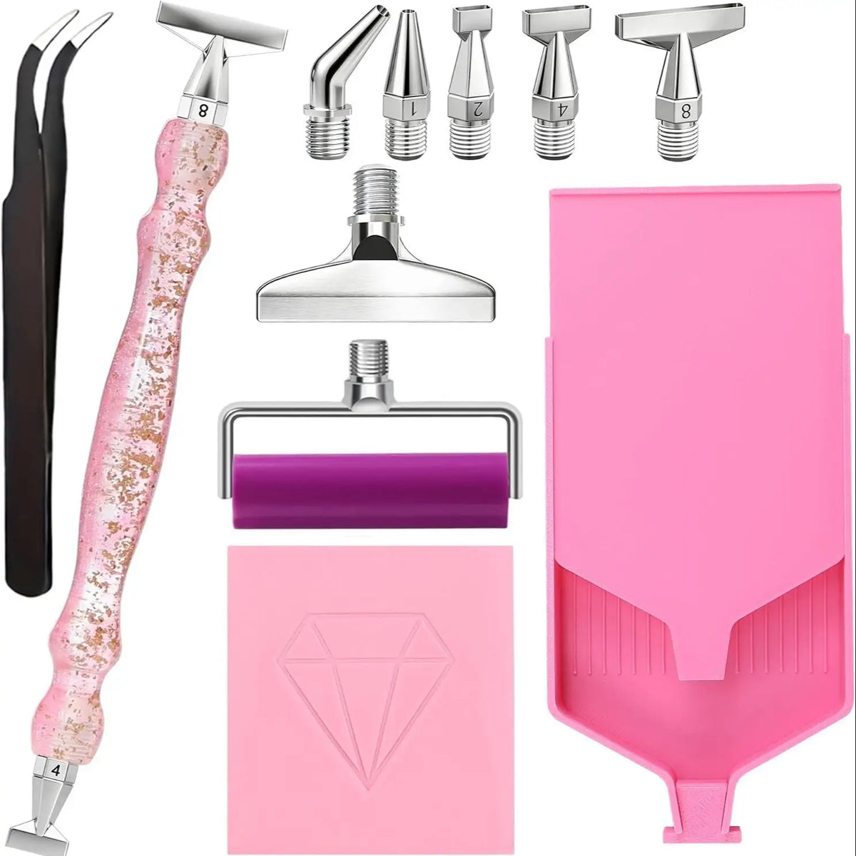 A complete diamond painting tool kit featuring precision pens, various tools, and a pink plastic applicator.