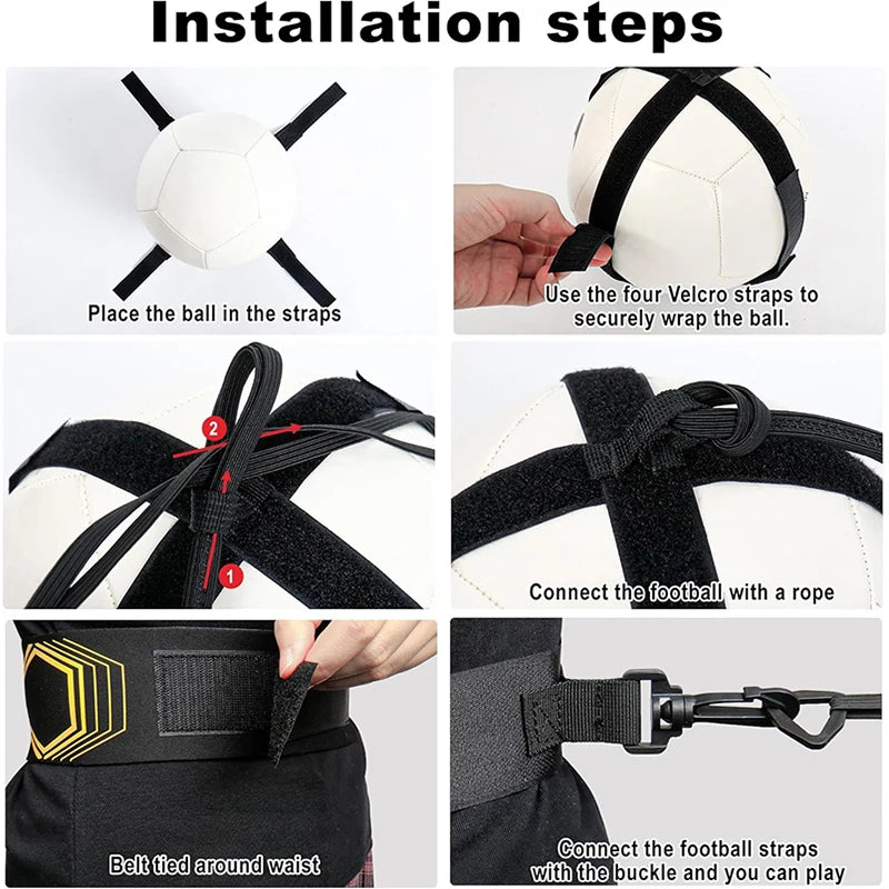 Installation steps showing how to use the belt to secure a football for training