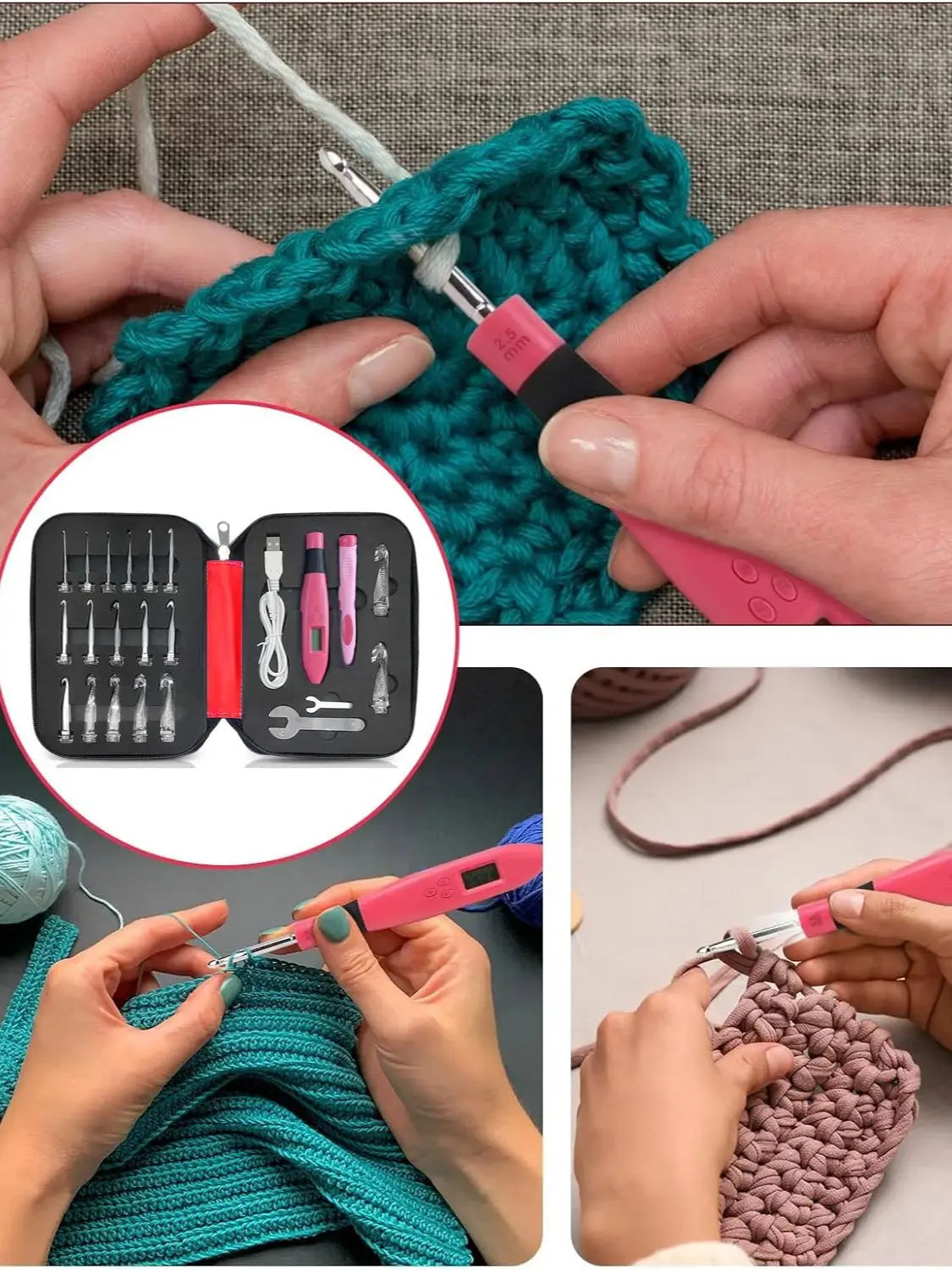 LED Lighted Crochet Hook Set with Interchangeable Heads and Built-in Stitch Counter