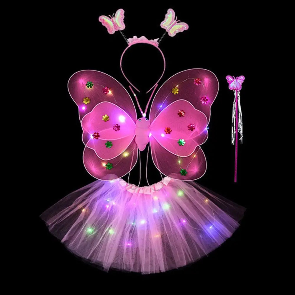 A pink LED butterfly costume set for girls featuring glowing wings, a skirt, and a wand.