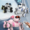 Three robot dog models in silver, white, and pink are displayed against a gray background.