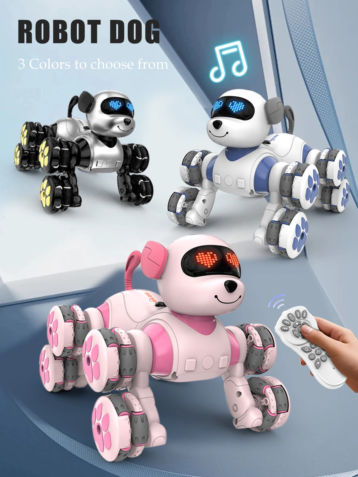 Three robot dog models in silver, white, and pink are displayed against a gray background.