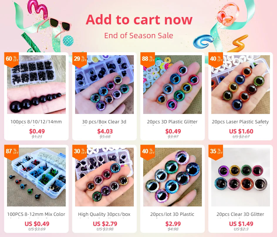 A variety of colorful plastic safety eyes for dolls and amigurumi displayed in various packs and colors.
