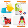 A set of electric steam train toys featuring magnetic connections, lights, and sounds.