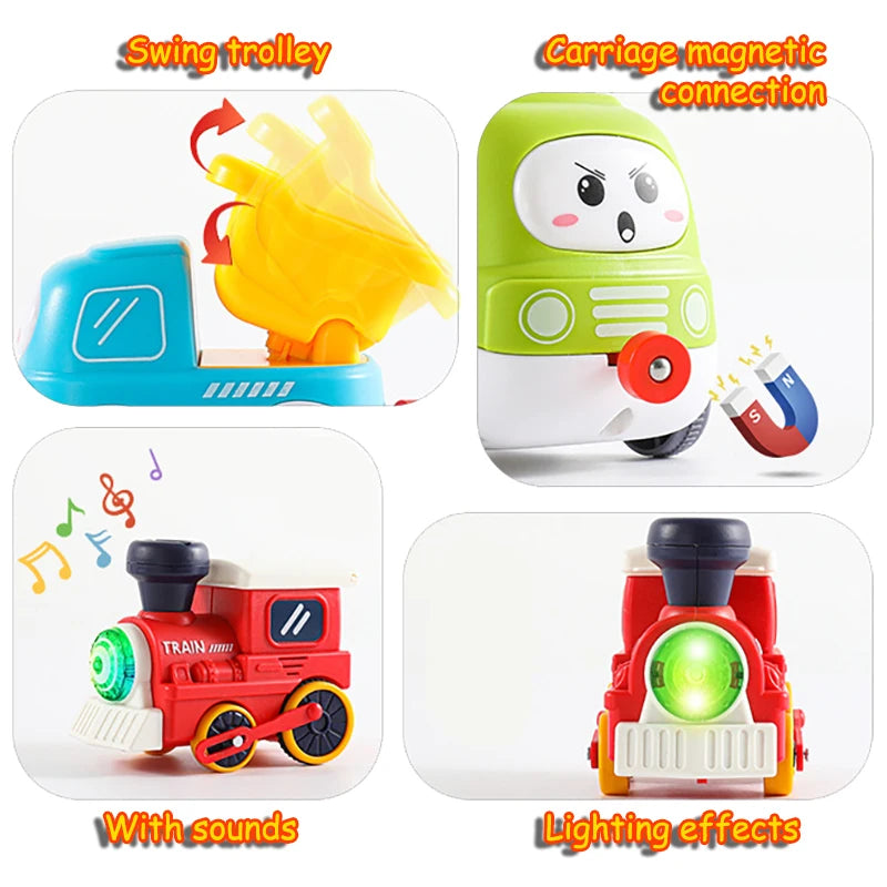 A set of electric steam train toys featuring magnetic connections, lights, and sounds.