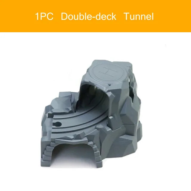 A gray double-deck tunnel model for train track scenes.