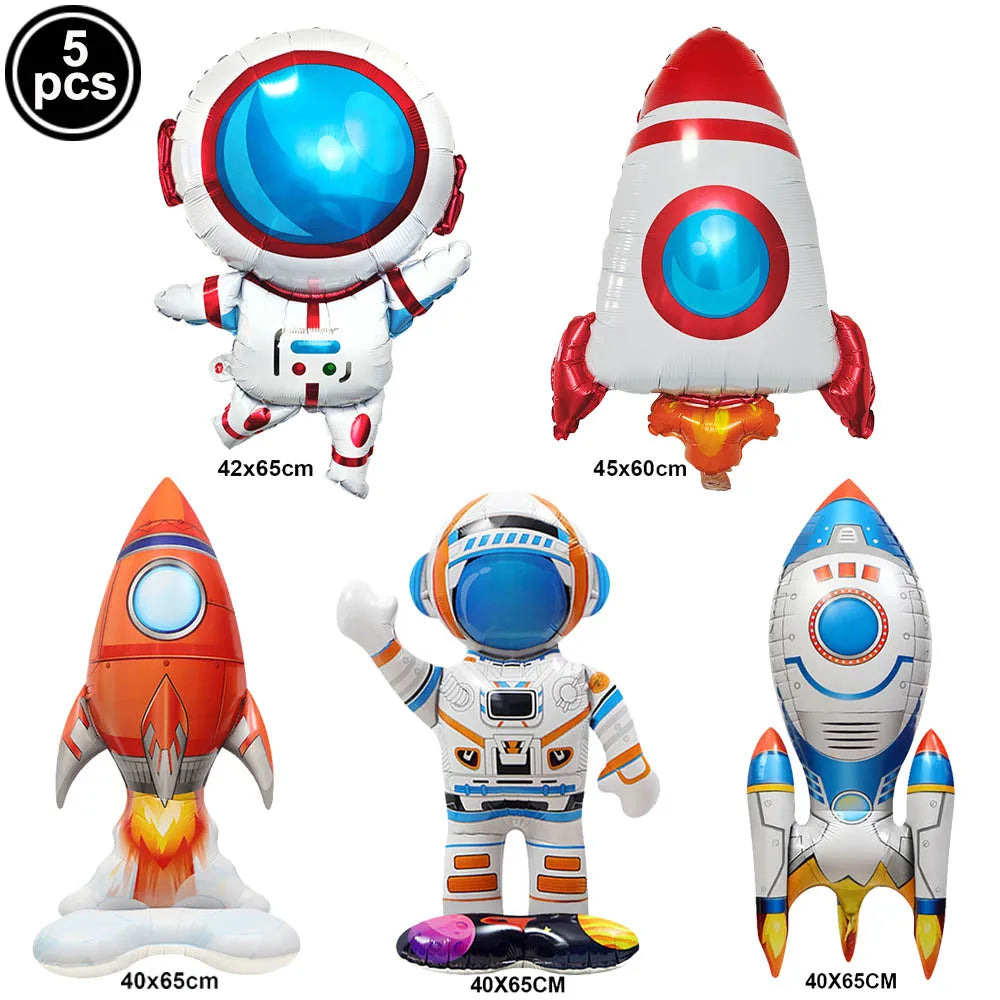 Set of five foil balloon planes for birthday party decor in various colors and sizes