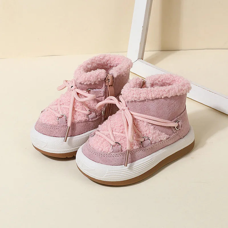 Pink baby winter snow boots with plush lining and white rubber soles