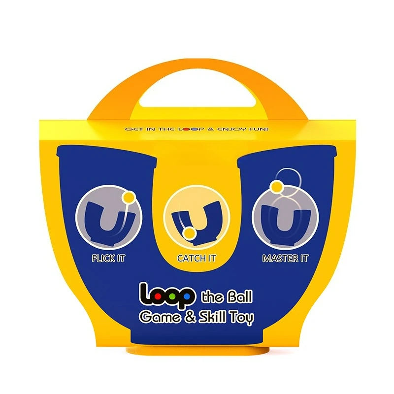 A yellow and blue U-shaped juggling ball skill toy with an orange handle.