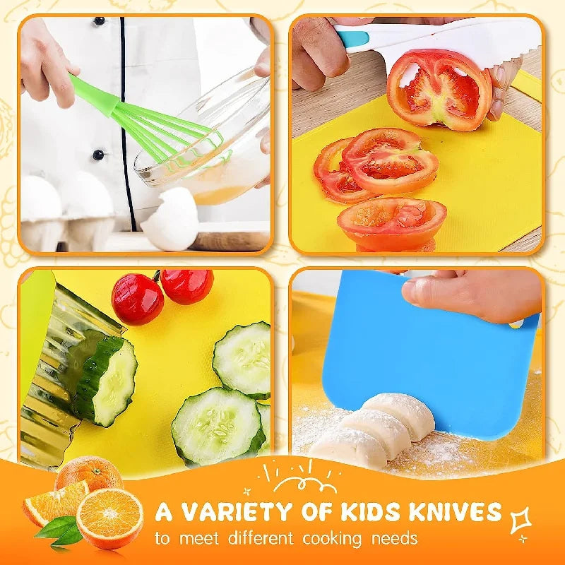 Montessori Kids Kitchen Tools Set with Safe Knives and Cutting Board