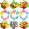 Assortment of colorful silicone baby teethers for soothing gums, including fruit and animal shapes.