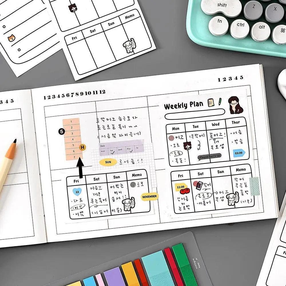 A page of cute stationery memo pads showing a weekly plan layout with days, times, and notes.