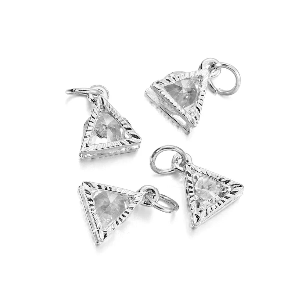 Silver rhinestone heart charms for jewelry making, shown as a triangular pendant.