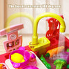 A yellow electric kids kitchen sink toy with a flexible faucet rotating 180 degrees and play food items.