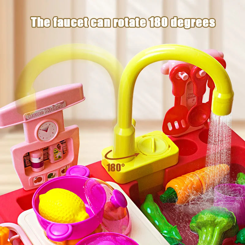 A yellow electric kids kitchen sink toy with a flexible faucet rotating 180 degrees and play food items.