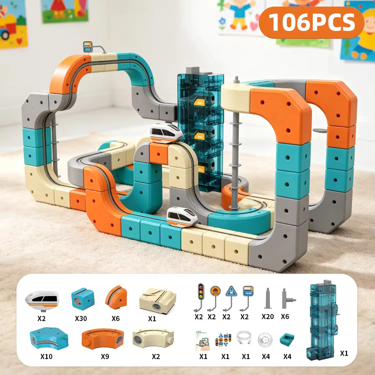 Magnetic Building Block Train Set with Electric Track