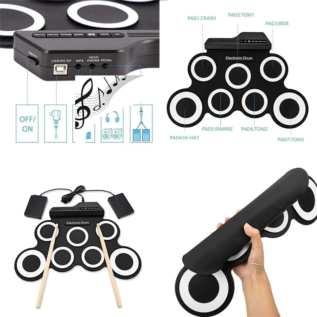 Foldable Silicone Electronic Drum Pad with Drumsticks and Sustain Pedals