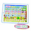 Tablette d'apprentissage bilingue affichant des jeux colorés d'alphabet et de chiffres pour enfants.