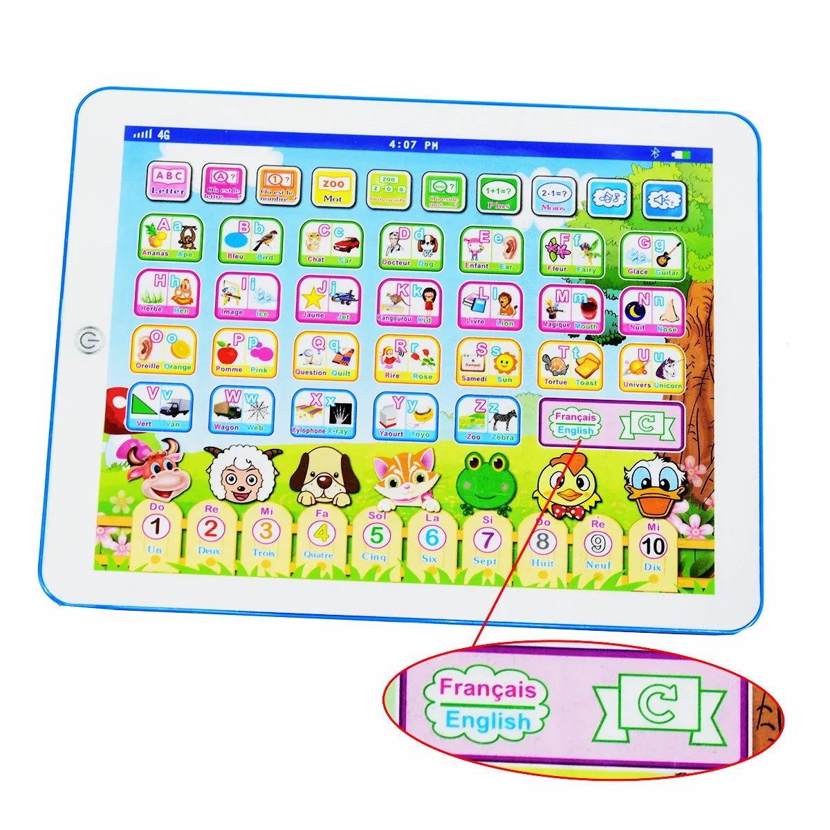 Tablette d'apprentissage bilingue affichant des jeux colorés d'alphabet et de chiffres pour enfants.