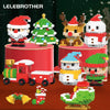 A collection of LEGO minifigures and accessories depicting Santa, reindeer, and Christmas scenes for tabletop decor.
