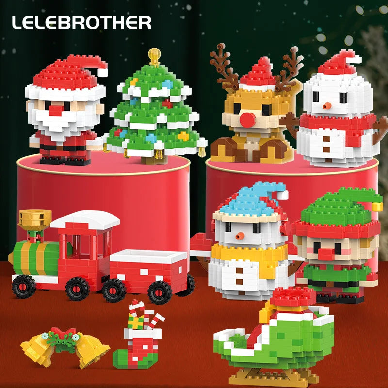 A collection of LEGO minifigures and accessories depicting Santa, reindeer, and Christmas scenes for tabletop decor.