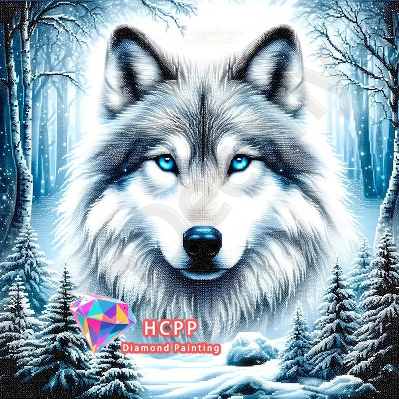 A photorealistic painting of a white wolf head with blue eyes surrounded by snowy forest trees.