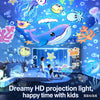 A colorful projection light display featuring sea creatures and a whale in a room, used for happy time with kids.