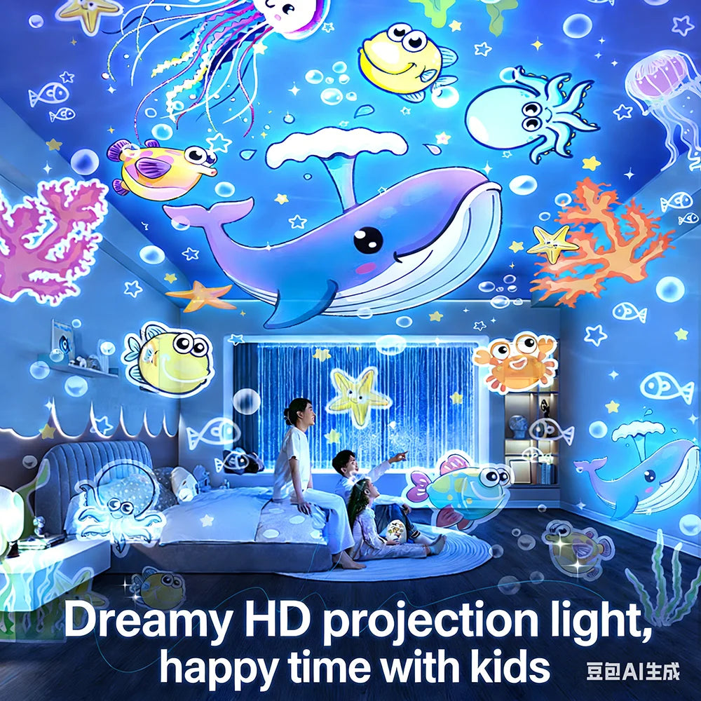A colorful projection light display featuring sea creatures and a whale in a room, used for happy time with kids.