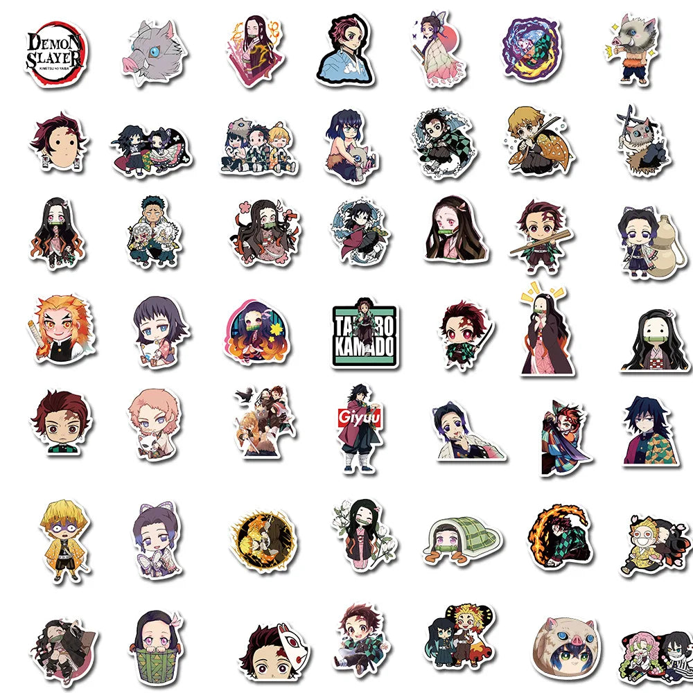 Eine Sammlung von Anime Demon Slayer thematischen Aufklebern und Decals mit Charakteren und Designs.