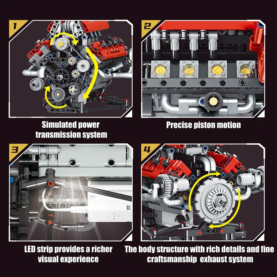 Technical V8 Engine Model Building Kit with LED Lights and App Control