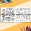 Two pages from an adult coloring book featuring a clock and various floral and animal designs for stress relief
