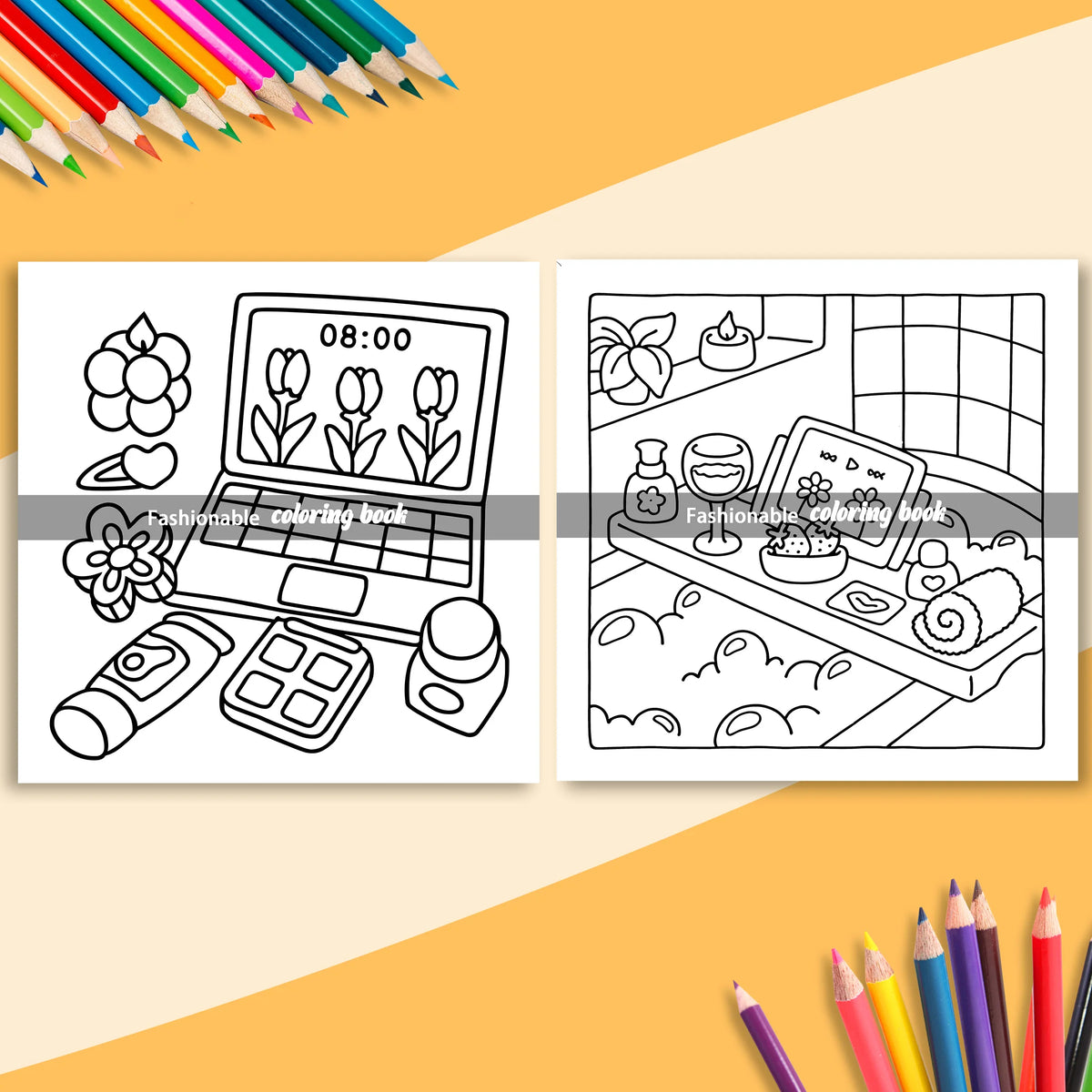 Two pages from an adult coloring book featuring a clock and various floral and animal designs for stress relief