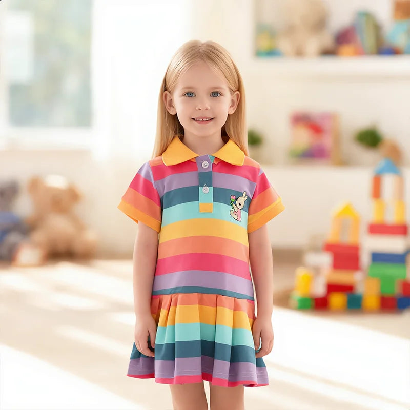 A young girl wearing a colorful rainbow stripe dress with rabbit embroidery standing indoors.