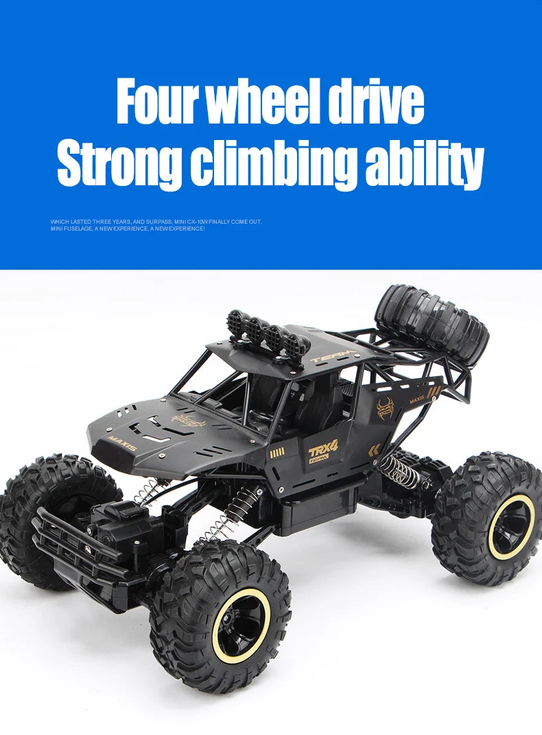 A black four-wheel drive off-road RC truck with large tires and a roll cage is shown against a white background.