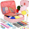 A pink organizer case holds a 59-piece beginner crochet kit including yarn, needles, and accessories.