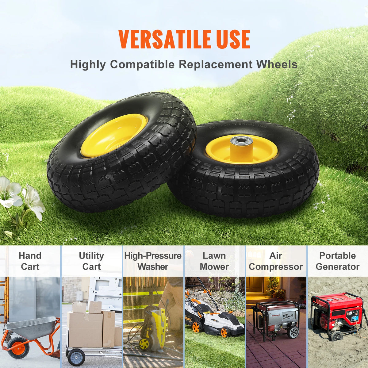 Un jeu de roues de remplacement pleines en PU robustes dans divers contextes extérieurs comme un chariot, une tondeuse et