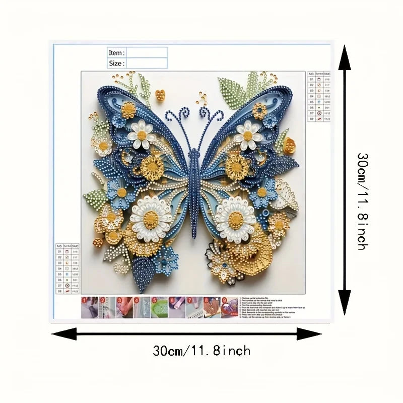 A detailed diamond painting kit featuring a sparkling blue and gold butterfly design on a white background.